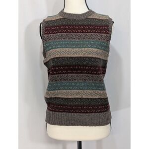Lands' End Shetland Wool Fair Isle Sweater Vest Small Brown Green Burgundy